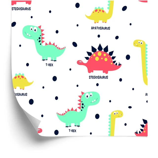 Wallpaper for Children's Room Colorful Dinosaurs Dots