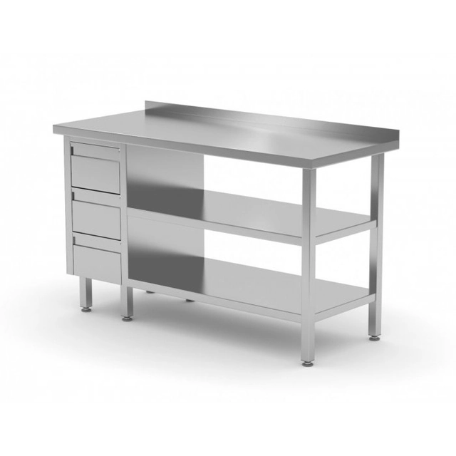 Wandtisch, Schrank mit drei Schubladen und zwei Regalen - Schubladen auf der linken Seite 1200 x 700 x 850 mm POLGAST 125127-3-L/2 125127-3-L/2