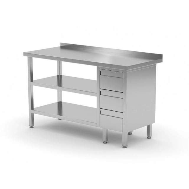 Wandtisch, Schrank mit drei Schubladen und zwei Regalen - Schubladen auf der rechten Seite 1500 x 700 x 850 mm POLGAST 125157-3-P/2 125157-3-P/2