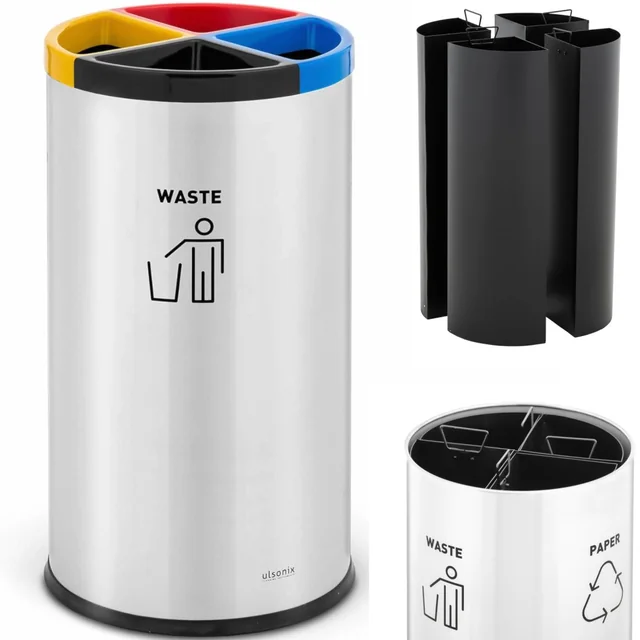 Waste bin for waste sorting 4 chamber STEEL 45 l silver