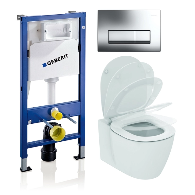 WC -keret Geberit, Duofix Basic, Ideal Standard Connect Aquablade és puha zárású fedéllel