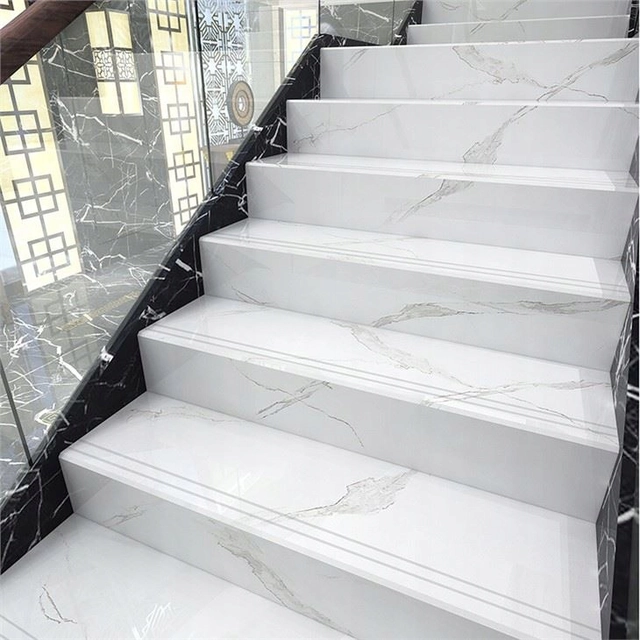 White marble stairs, polished tiles 100x30