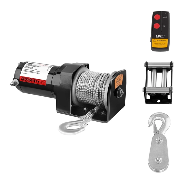 Winch, off road car winch with remote control, rope 15 m, pulling force 907 kg + Pulley 2 T