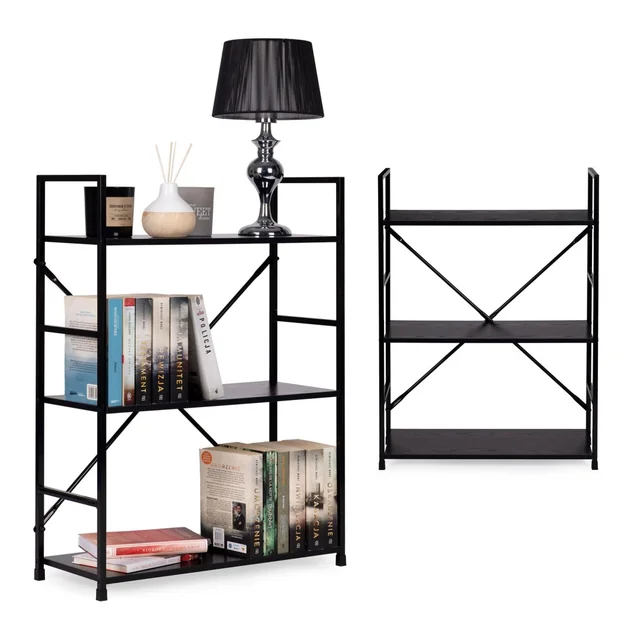 Wooden shelf, metal frame, wide LOFT 3 shelves, black