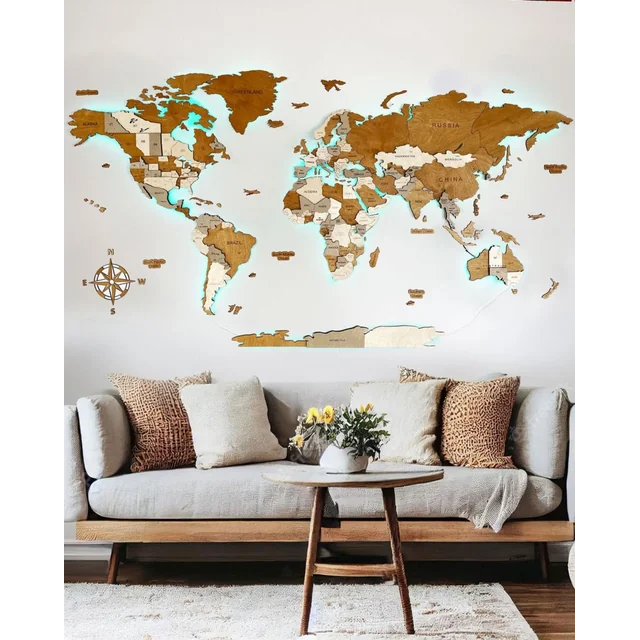 Wooden World Map Illuminated LED 3D Sikorka® 250x125cm Creme