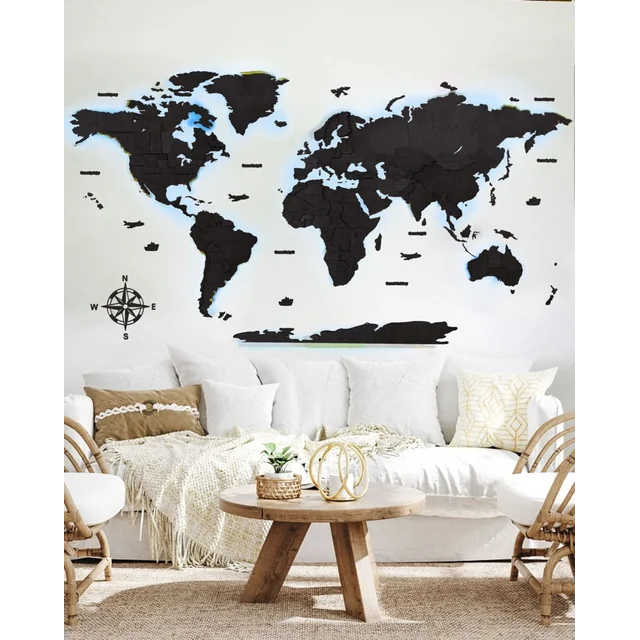 Wooden World Map Illuminated LED 3D Sikorka® 250x125cm Ebony