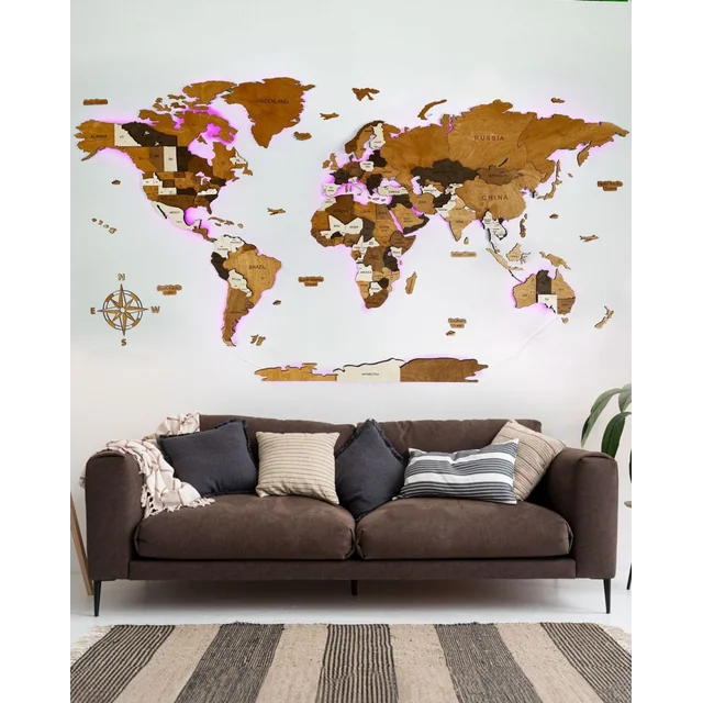 Wooden World Map Illuminated LED 3D Sikorka® 250x125cm Mocha