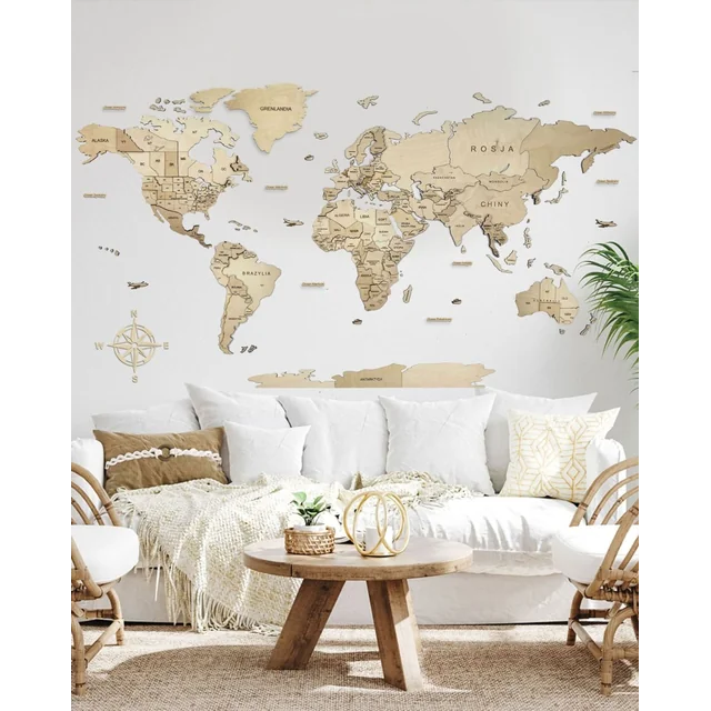 Wooden World Map Illuminated LED 3D Sikorka® 250x125cm Natural