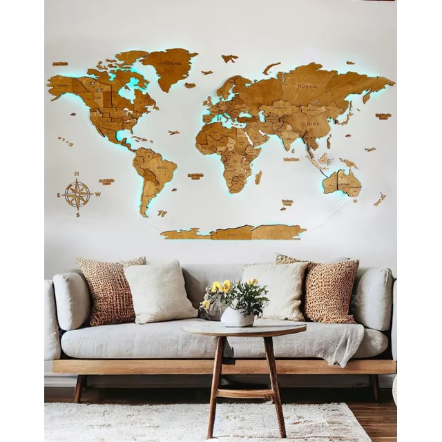 Wooden World Map Illuminated LED 3D Sikorka® 250x125cm Oak