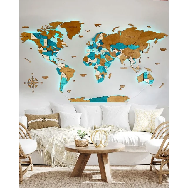 Wooden World Map Illuminated with LED 3D Sikorka® 250x125cm Azure