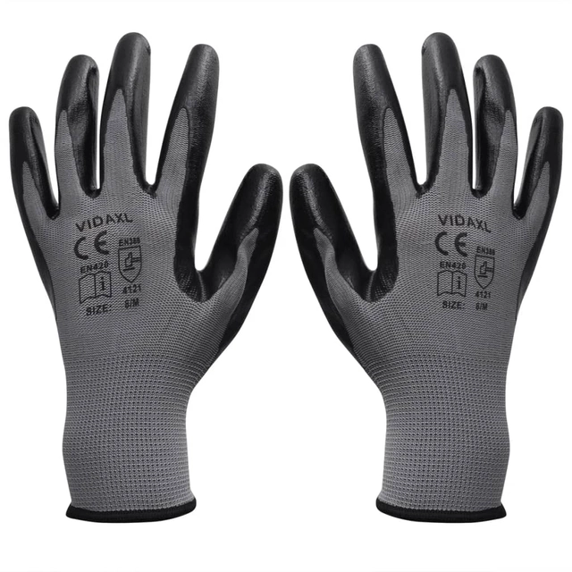 Work gloves, 1 pair, gray and black, nitrile, size 9 / l