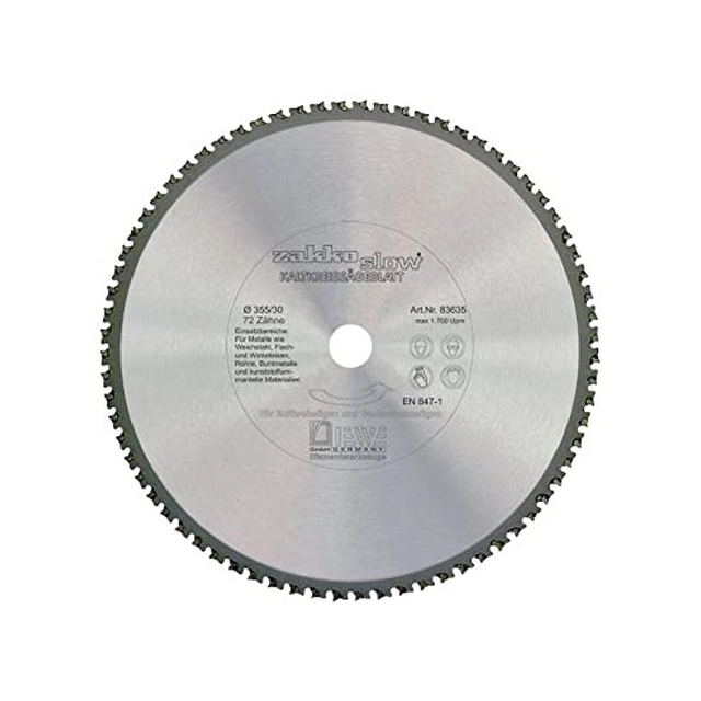 ZAKKO SLOW table saw blade with vidia teeth, for metals 355x25.4mm 72T max.1700 rot / min