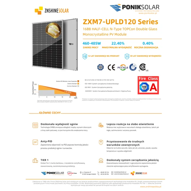 ZNSHIINE ZXM7-UPLD120 485W SMBB POOLRAKUNE N-tüüpi monofacial TOPEL KLAASGRAFEEN