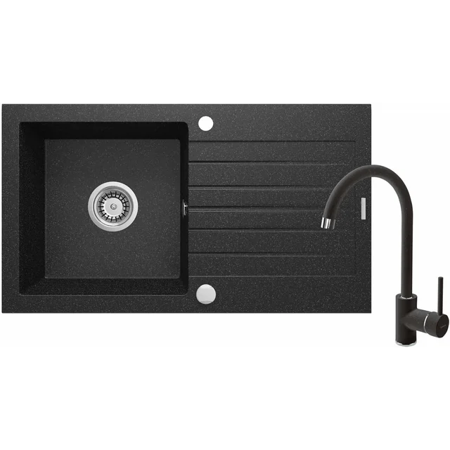 Zorba graphite granite sink 1-komorowy with drainer 760x440x150, 3,5" + accessories plus nemesia tap with "u" spout