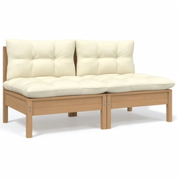 2 seater garden sofa with cream pillows, pine wood