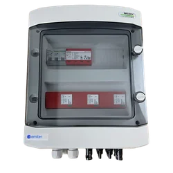 PV switchboard connectionDCAC hermetic IP65 EMITER with DC surge arrester Dehn 1000V type 2, 3 x PV chain, 3 x MPPT // limit.AC Dehn type 2, 50A 3-F