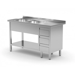 Table with two sinks, a shelf and a cabinet with three drawers - compartments on the left side 1600 x 700 x 850 mm POLGAST 225167-3-L 225167-3-L