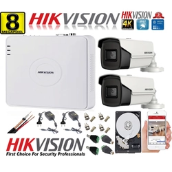 Hikvision ultra-professional surveillance kit 2 cameras 8MP 4K IR 80M DVR 4 accessory channels included and HDD