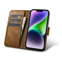 2w1 Kožna maska ​​s preklopnim iPhoneom 14 Anti-RFID Oil Wax Wallet Case svijetlosmeđa