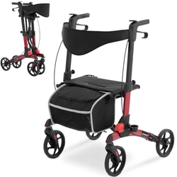 Four-wheeled foldable walker walker for seniors with a seat and a bag for 136kg - red