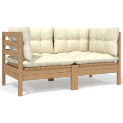 2 seater garden sofa with cream pillows, pine wood