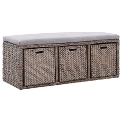 Bench with 3 baskets, seagrass, 105 x 40 x 42 cm, gray