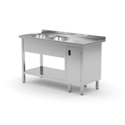 Stainless table with a shelf + 2 sinks + cabinet 180x70x85 | Polgast
