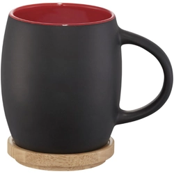 Ceramic mug with wooden coaster Hearth - Black / Red with icing effect