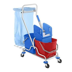 Cleaning trolley with two buckets, garbage bag holder, chrome