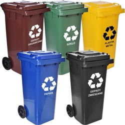 A set of 120l waste containers five colors green, blue, yellow, brown, black