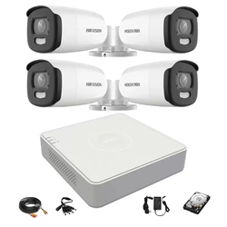 Hikvision video surveillance system 4 ColorVu outdoor cameras 5MP, white light 40m, DVR 4 Hikvision channels, accessories, hard disk