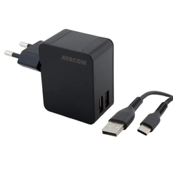 AVACOM HomeNOW mains charger 3.4A with two outputs, black color (USB-C cable)