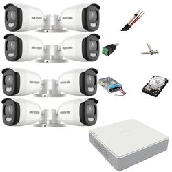 Video surveillance system 8 Hikvision ColorVU cameras 5MP, 2.8mm, white light 20m, DVR 8 channels, mounting accessories, hard disk