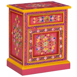 Bedside table, mango wood, pink, hand-painted