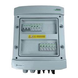 PV switchboard connectionDCAC hermetic IP65 EMITER with DC surge arrester Noark 1000V type 1+2, 2 x PV chain, 2 x MPPT // limit.AC Noark type 1+2, 16A 3-F