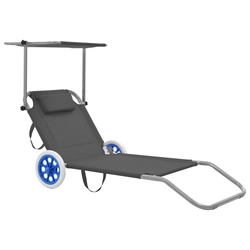 Folding sun lounger with roof and wheels, steel, gray