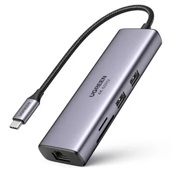 7w1 HUB USB-C multifuncțional - 2x USB HDMI 4K cititor de carduri SD și TF USB-C RJ45 1Gbps gri