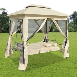 Cream-colored garden gazebo with a fold-out swing