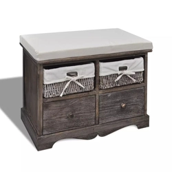 Brown wooden storage box - bench with 2 wicker baskets, 2 drawers