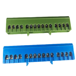 Set of terminal block clamps bars for grounding and neutral blue and green on rail 15 max holes 16mm2 63A isolated