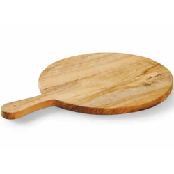 A round board for serving cold cuts and cheese, made of olive wood, with a handle. 320 mm