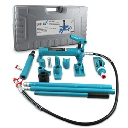 A versatile kit for removing dents and straightening bodywork, frames and other structures.