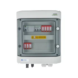 Aansluiting PV-schakelbordDCAC hermetisch IP65 EMITER met DC-overspanningsafleider Dehn 1000V type 2, 1 x PV-keten, 1 x MPPT // limiet.AC Dehn-type 2, 10A 3-F, RCD-type A 40A/300mA