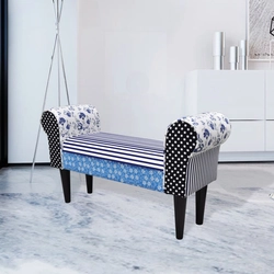 Rustic style bench, blue and white quilt design