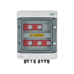 Anschluss der PV-SchaltanlageDC hermetischer IP65 EMITER mit DC-Überspannungsableiter Dehn 1000V Typ 1+2, 5x PV-Kette, 5x MPPT