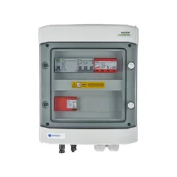 Anschluss der PV-SchaltanlageDCAC hermetischer IP65 EMITER mit DC-Überspannungsableiter Dehn 1000V Typ 1+2, 1 x PV-Kette, 1 x MPPT // Grenzwert.AC Dehn Typ 1+2, 10A 3-F, RCD Typ A 40A/300mA