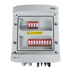 Anschluss der PV-SchaltanlageDCAC hermetischer IP65 EMITER mit DC-Überspannungsableiter Dehn 1000V Typ 1+2, 3 x PV-Kette, 3 x MPPT // Grenzwert.AC Dehn Typ 1+2, 63A 3-F, RCD Typ A 63A/300mA