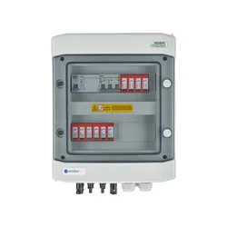 Anschluss der PV-SchaltanlageDCAC hermetischer IP65 EMITER mit DC-Überspannungsableiter Dehn 1000V Typ 2, 2 x PV-Kette, 2 x MPPT // Grenzwert.AC Dehn Typ 2, 10A 3-F, RCD Typ A 40A/300mA