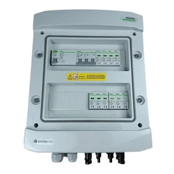 Anschluss der PV-SchaltanlageDCAC hermetischer IP65 EMITER mit DC-Überspannungsableiter Noark 1000V Typ 2, 2 x PV-Kette, 2 x MPPT // Grenzwert.AC Noark Typ 2, 10A 3-F, RCD Typ A 40A/300mA