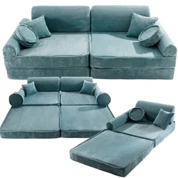 Aukščiausios kokybės velvetinė vaikiška turkio spalvos sofa, modulinė konstrukcija, patogi, minkšta